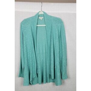 Eileen Fisher Knit Cardigan Open M Slub Green Asymmetric Hem Linen Blend‎ Casual